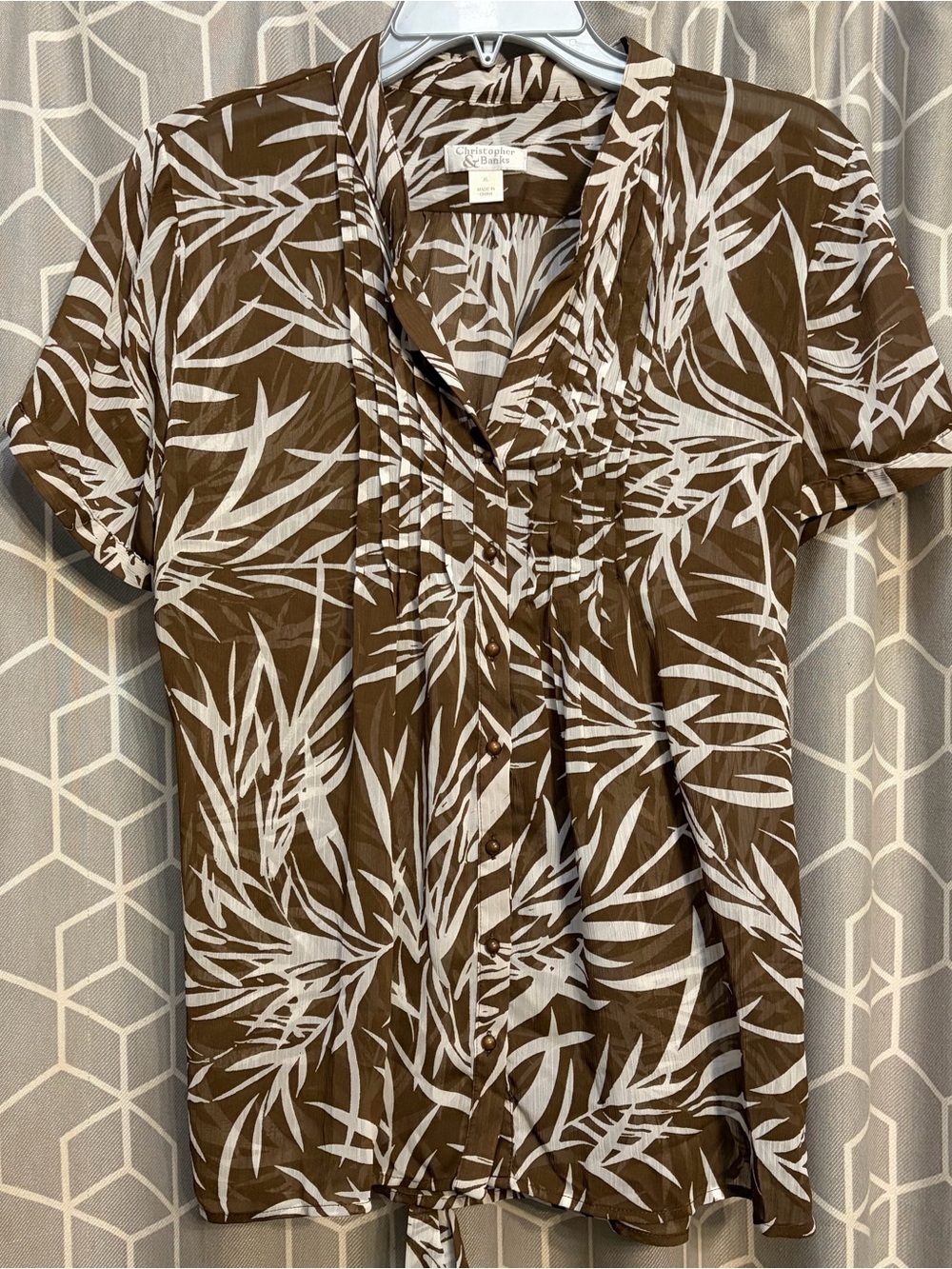 Christopher & Banks Brown and White Leaf-Print Short Sleeve Button Front Top